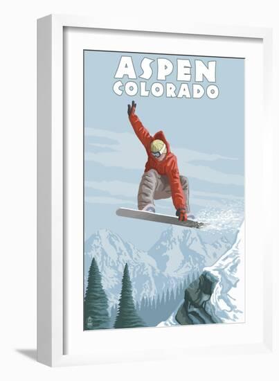 Jumping Snowboarder - Aspen, Colorado-Lantern Press-Framed Premium Giclee Print