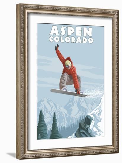 Jumping Snowboarder - Aspen, Colorado-Lantern Press-Framed Art Print