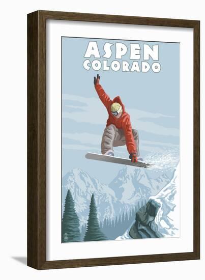 Jumping Snowboarder - Aspen, Colorado-Lantern Press-Framed Art Print