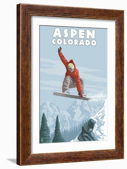 Jumping Snowboarder - Aspen, Colorado-Lantern Press-Framed Art Print