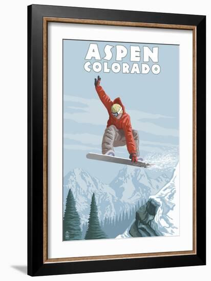 Jumping Snowboarder - Aspen, Colorado-Lantern Press-Framed Art Print