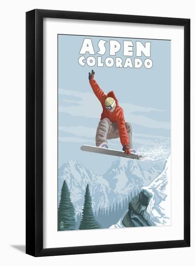 Jumping Snowboarder - Aspen, Colorado-Lantern Press-Framed Art Print