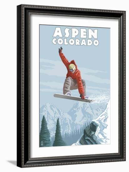 Jumping Snowboarder - Aspen, Colorado-Lantern Press-Framed Art Print