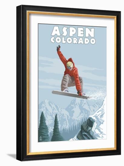 Jumping Snowboarder - Aspen, Colorado-Lantern Press-Framed Art Print