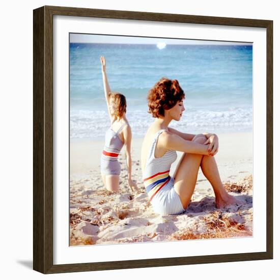 June 1956: Girls in Striped Swimsuit Modeling Beach Fashions in Cuba-Gordon Parks-Framed Premium Photographic Print