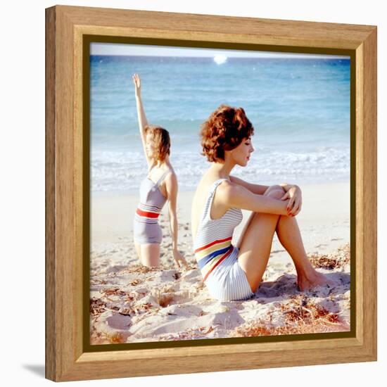 June 1956: Girls in Striped Swimsuit Modeling Beach Fashions in Cuba-Gordon Parks-Framed Premier Image Canvas