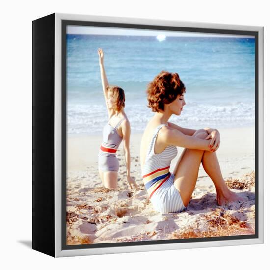 June 1956: Girls in Striped Swimsuit Modeling Beach Fashions in Cuba-Gordon Parks-Framed Premier Image Canvas