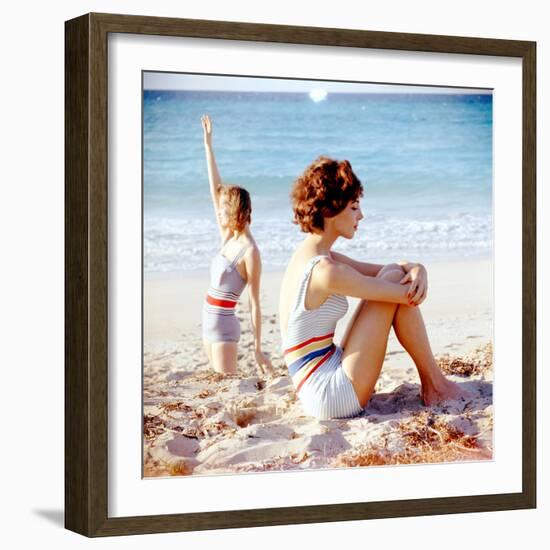 June 1956: Girls in Striped Swimsuit Modeling Beach Fashions in Cuba-Gordon Parks-Framed Photographic Print