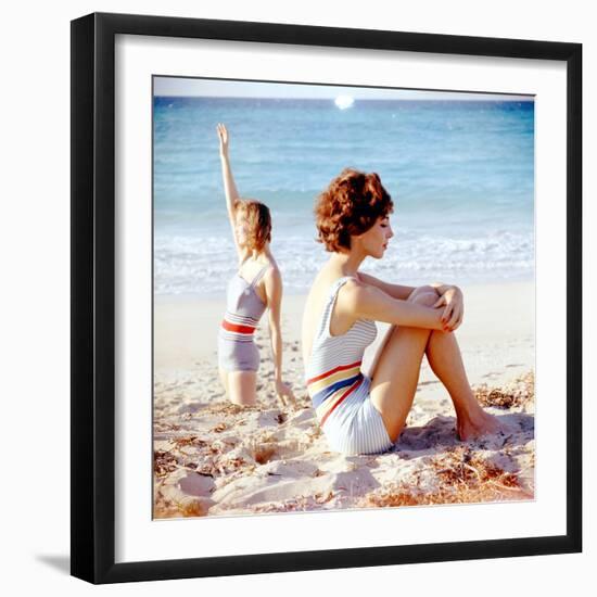 June 1956: Girls in Striped Swimsuit Modeling Beach Fashions in Cuba-Gordon Parks-Framed Photographic Print