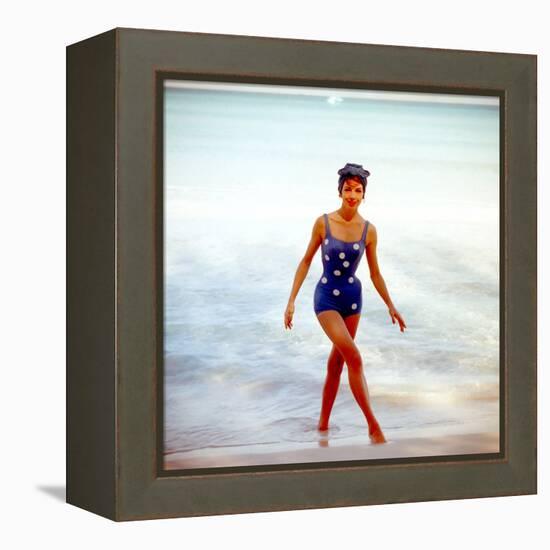 June 1956: Woman in Polka-Dot Swimsuit Modeling Beach Fashions in Cuba-Gordon Parks-Framed Premier Image Canvas