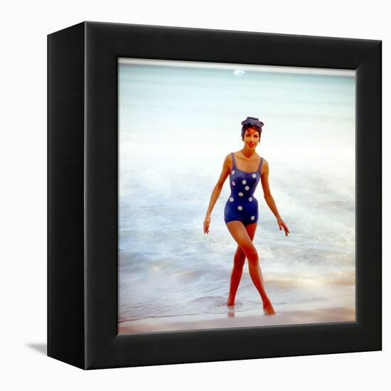 June 1956: Woman in Polka-Dot Swimsuit Modeling Beach Fashions in Cuba-Gordon Parks-Framed Premier Image Canvas