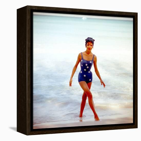 June 1956: Woman in Polka-Dot Swimsuit Modeling Beach Fashions in Cuba-Gordon Parks-Framed Premier Image Canvas