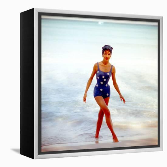 June 1956: Woman in Polka-Dot Swimsuit Modeling Beach Fashions in Cuba-Gordon Parks-Framed Premier Image Canvas