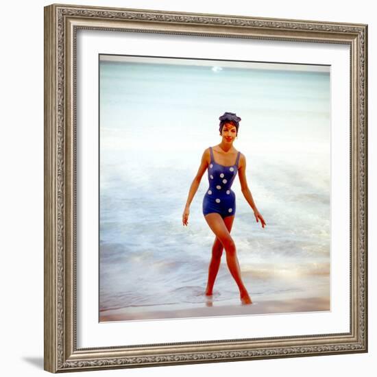 June 1956: Woman in Polka-Dot Swimsuit Modeling Beach Fashions in Cuba-Gordon Parks-Framed Photographic Print