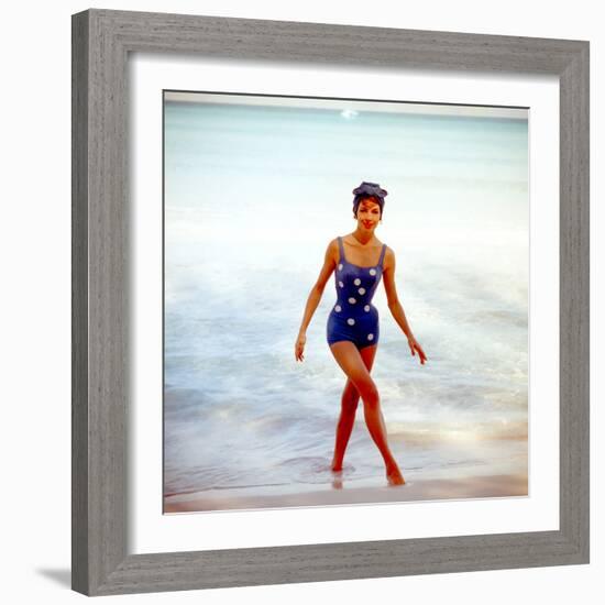 June 1956: Woman in Polka-Dot Swimsuit Modeling Beach Fashions in Cuba-Gordon Parks-Framed Photographic Print