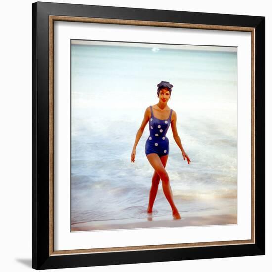 June 1956: Woman in Polka-Dot Swimsuit Modeling Beach Fashions in Cuba-Gordon Parks-Framed Photographic Print