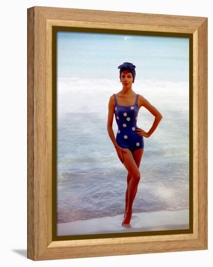 June 1956: Woman in Polka-Dot Swimsuit Modeling Beach Fashions in Cuba-Gordon Parks-Framed Premier Image Canvas