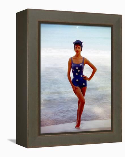 June 1956: Woman in Polka-Dot Swimsuit Modeling Beach Fashions in Cuba-Gordon Parks-Framed Premier Image Canvas