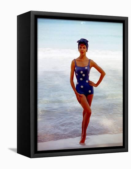 June 1956: Woman in Polka-Dot Swimsuit Modeling Beach Fashions in Cuba-Gordon Parks-Framed Premier Image Canvas