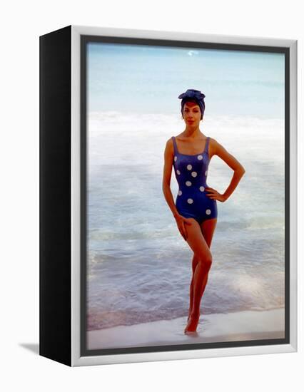 June 1956: Woman in Polka-Dot Swimsuit Modeling Beach Fashions in Cuba-Gordon Parks-Framed Premier Image Canvas