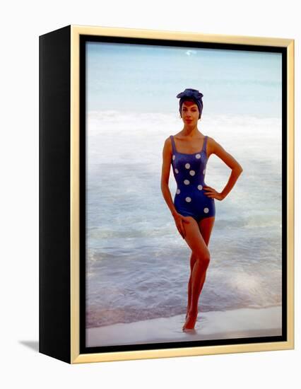 June 1956: Woman in Polka-Dot Swimsuit Modeling Beach Fashions in Cuba-Gordon Parks-Framed Premier Image Canvas