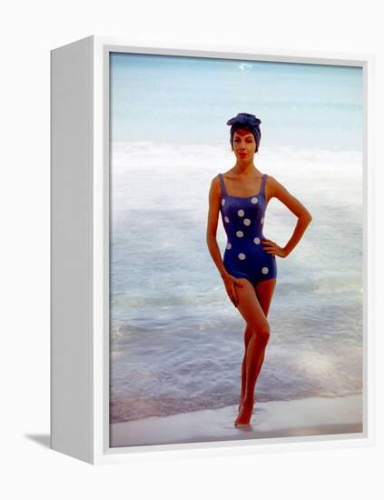 June 1956: Woman in Polka-Dot Swimsuit Modeling Beach Fashions in Cuba-Gordon Parks-Framed Premier Image Canvas