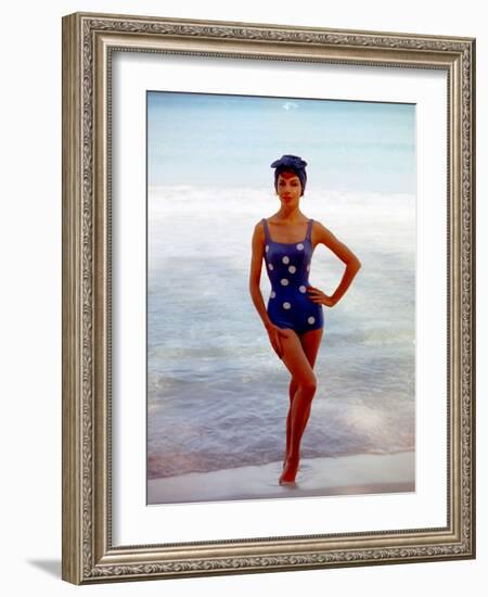 June 1956: Woman in Polka-Dot Swimsuit Modeling Beach Fashions in Cuba-Gordon Parks-Framed Photographic Print