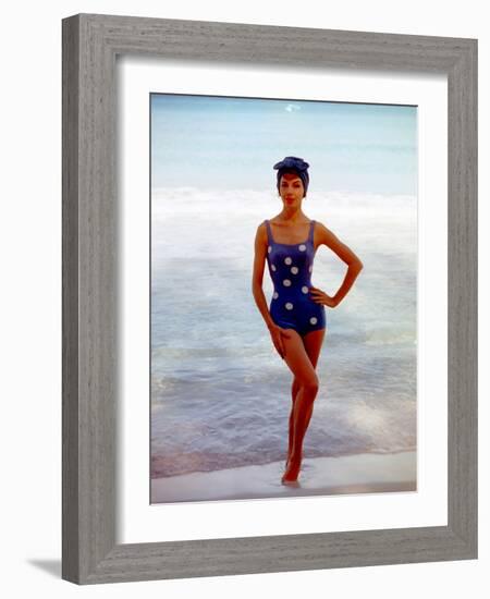 June 1956: Woman in Polka-Dot Swimsuit Modeling Beach Fashions in Cuba-Gordon Parks-Framed Photographic Print