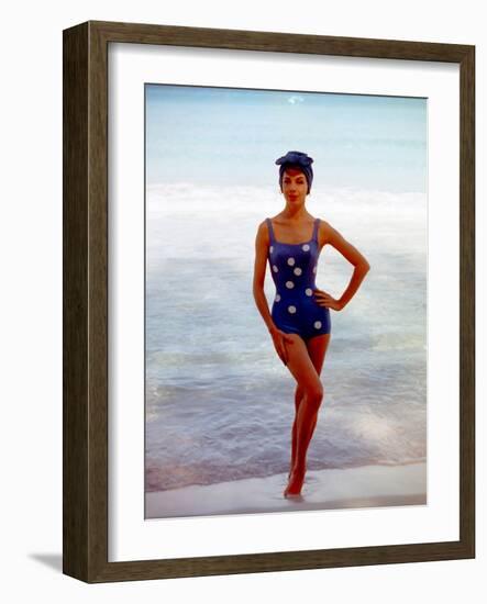 June 1956: Woman in Polka-Dot Swimsuit Modeling Beach Fashions in Cuba-Gordon Parks-Framed Photographic Print