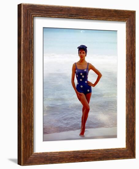 June 1956: Woman in Polka-Dot Swimsuit Modeling Beach Fashions in Cuba-Gordon Parks-Framed Photographic Print