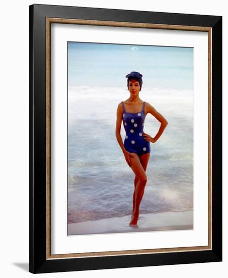 June 1956: Woman in Polka-Dot Swimsuit Modeling Beach Fashions in Cuba-Gordon Parks-Framed Photographic Print