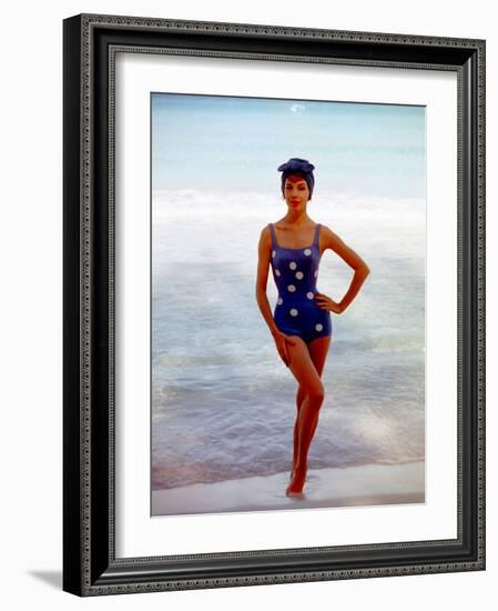 June 1956: Woman in Polka-Dot Swimsuit Modeling Beach Fashions in Cuba-Gordon Parks-Framed Photographic Print