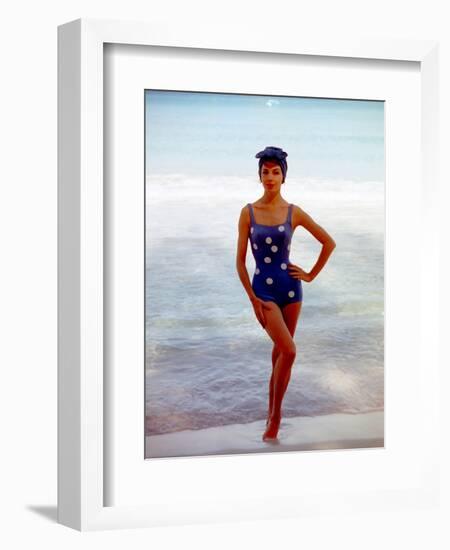 June 1956: Woman in Polka-Dot Swimsuit Modeling Beach Fashions in Cuba-Gordon Parks-Framed Photographic Print