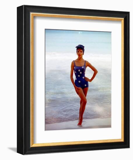 June 1956: Woman in Polka-Dot Swimsuit Modeling Beach Fashions in Cuba-Gordon Parks-Framed Photographic Print