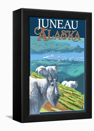 Juneau, Alaska - Goats and Cruise Ships-Lantern Press-Framed Stretched Canvas