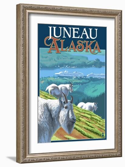 Juneau, Alaska - Goats and Cruise Ships-Lantern Press-Framed Art Print