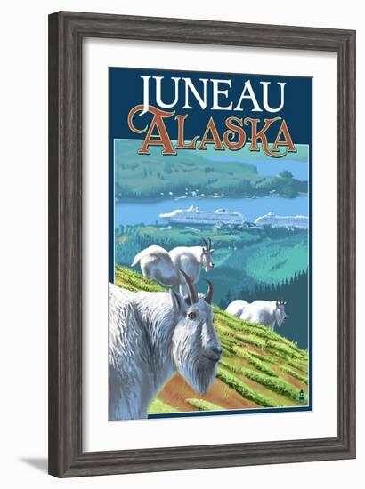 Juneau, Alaska - Goats and Cruise Ships-Lantern Press-Framed Art Print