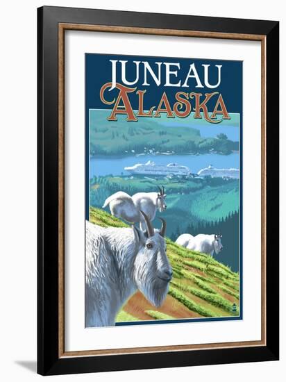 Juneau, Alaska - Goats and Cruise Ships-Lantern Press-Framed Art Print