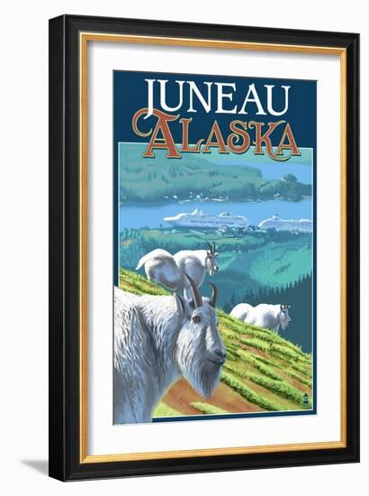 Juneau, Alaska - Goats and Cruise Ships-Lantern Press-Framed Art Print