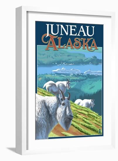 Juneau, Alaska - Goats and Cruise Ships-Lantern Press-Framed Premium Giclee Print