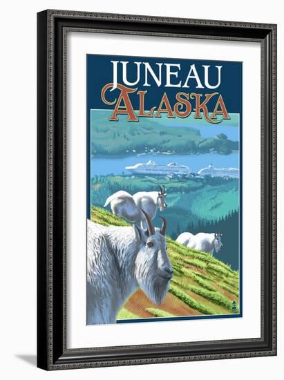 Juneau, Alaska - Goats and Cruise Ships-Lantern Press-Framed Premium Giclee Print