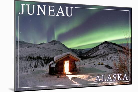 Juneau, Alaska - Northern Lights and Cabin-Lantern Press-Mounted Art Print