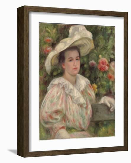 Junges Mädchen vor Blumen oder Frau mit weißem Hut-Pierre-Auguste Renoir-Framed Giclee Print