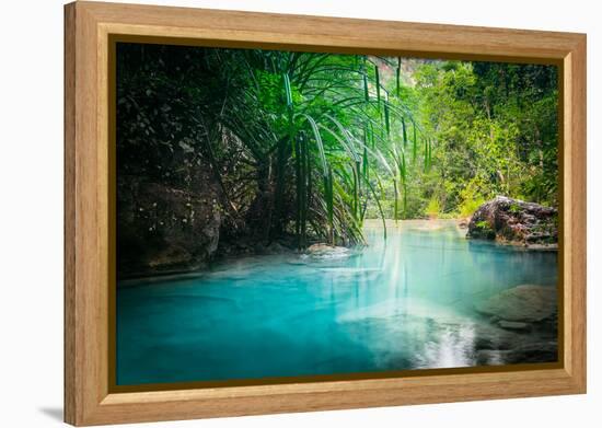 Jungle Landscape with Flowing Turquoise Water of Erawan Cascade Waterfall at Deep Tropical Rain For-Perfect Lazybones-Framed Premier Image Canvas