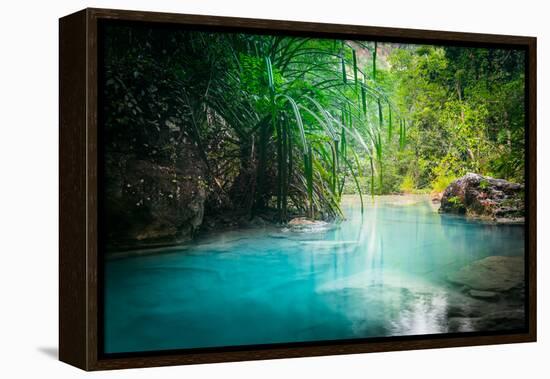 Jungle Landscape with Flowing Turquoise Water of Erawan Cascade Waterfall at Deep Tropical Rain For-Perfect Lazybones-Framed Premier Image Canvas