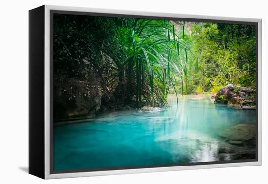 Jungle Landscape with Flowing Turquoise Water of Erawan Cascade Waterfall at Deep Tropical Rain For-Perfect Lazybones-Framed Premier Image Canvas