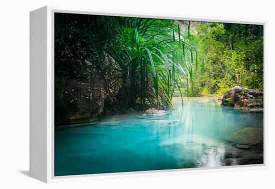 Jungle Landscape with Flowing Turquoise Water of Erawan Cascade Waterfall at Deep Tropical Rain For-Perfect Lazybones-Framed Premier Image Canvas