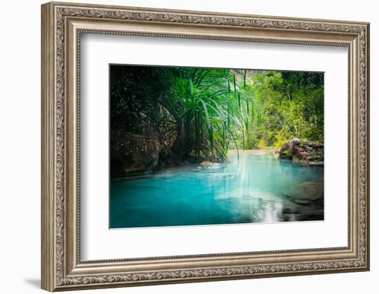 Jungle Landscape with Flowing Turquoise Water of Erawan Cascade Waterfall at Deep Tropical Rain For-Perfect Lazybones-Framed Photographic Print