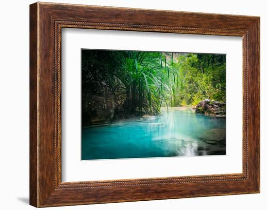 Jungle Landscape with Flowing Turquoise Water of Erawan Cascade Waterfall at Deep Tropical Rain For-Perfect Lazybones-Framed Photographic Print