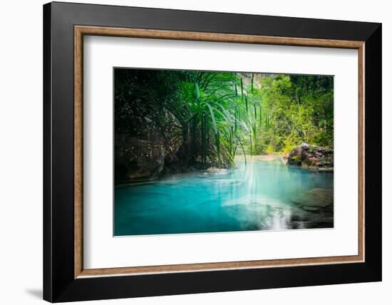 Jungle Landscape with Flowing Turquoise Water of Erawan Cascade Waterfall at Deep Tropical Rain For-Perfect Lazybones-Framed Photographic Print